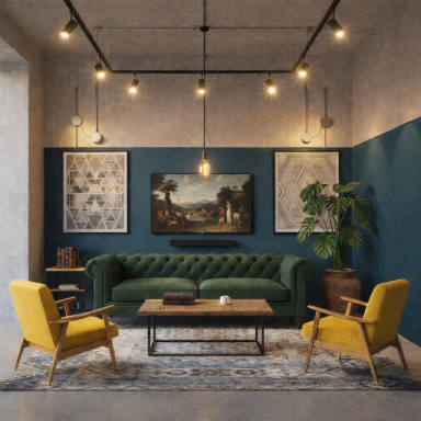 Gemütliches Wohnzimmer mit grünem Sofa, gelben Stühlen und moderner Kunst an der Wand.